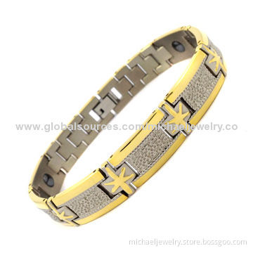 Anti-fatigue health titanium bracelet with bio-healthy elements, interval of plating IP gold